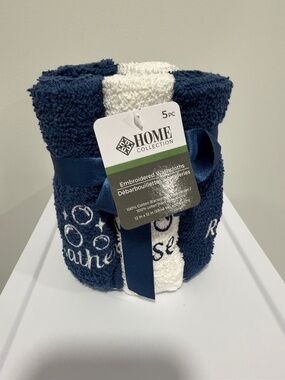 Home Collection White Blue Wash Cloths x 5 Embroidered